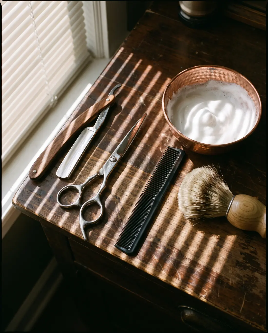 A straight razor, shears, comb, shaving brush and copper lather bowl laid out on a walnut barber station
